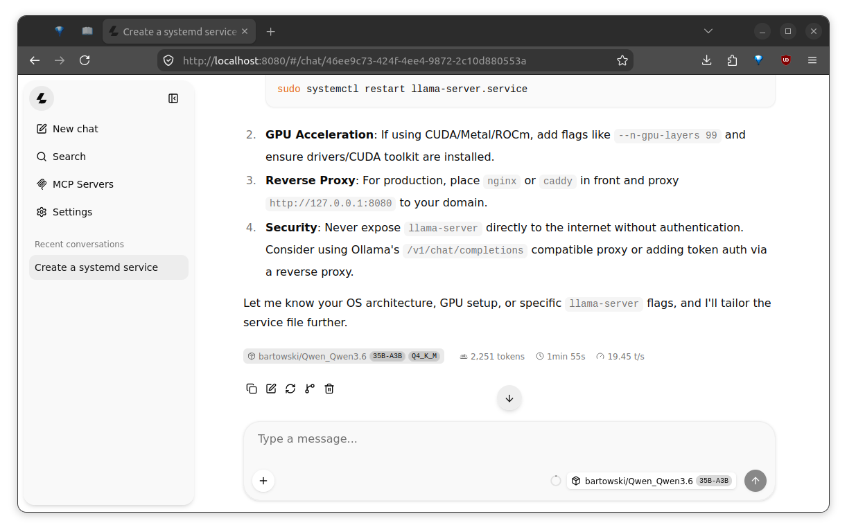Prompting the llama-ui within LibreWolf browser